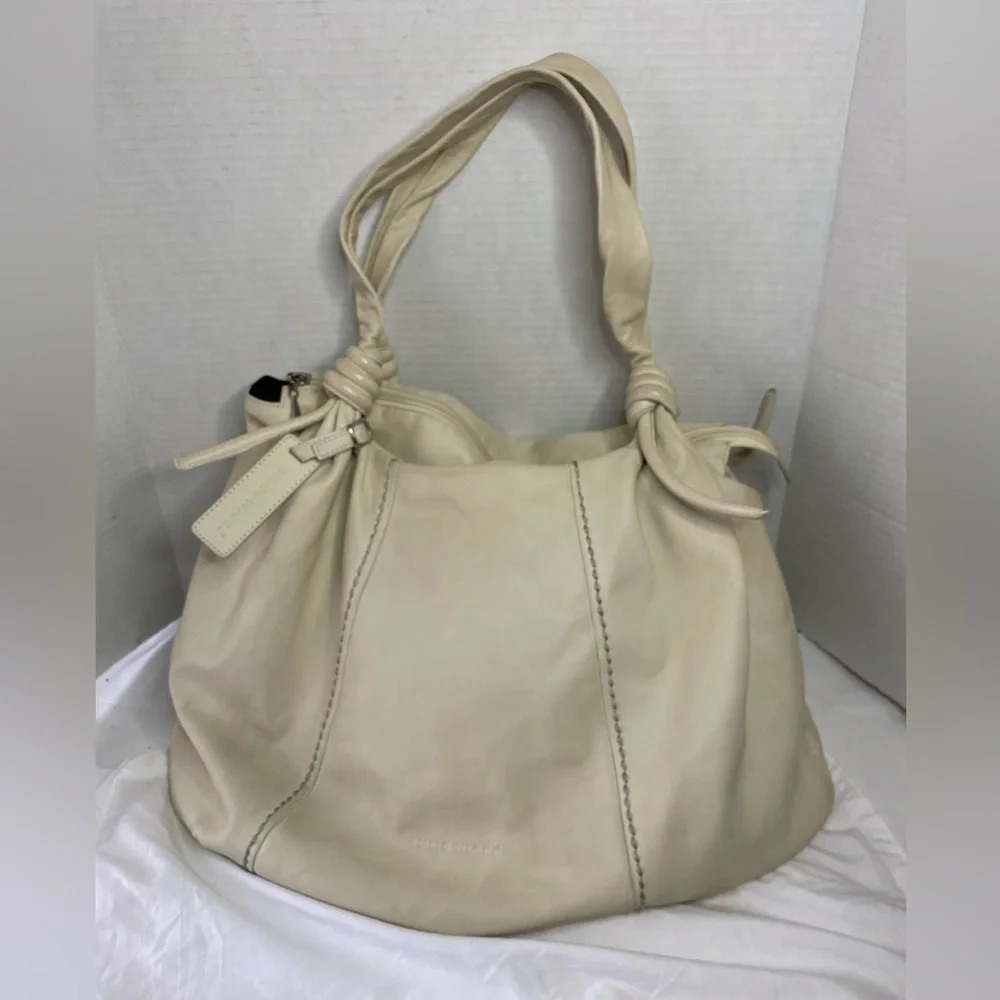 Plinio Visona Italy Cream Leather Knotted Hobo Tote Bag Zip Top OS